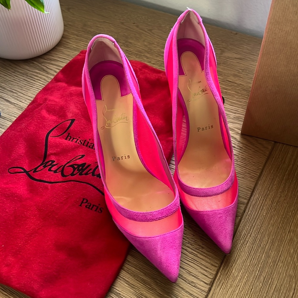 Authentic Christian Louboutin Pink Galativi 100 Neon Suede And Mesh Pumps